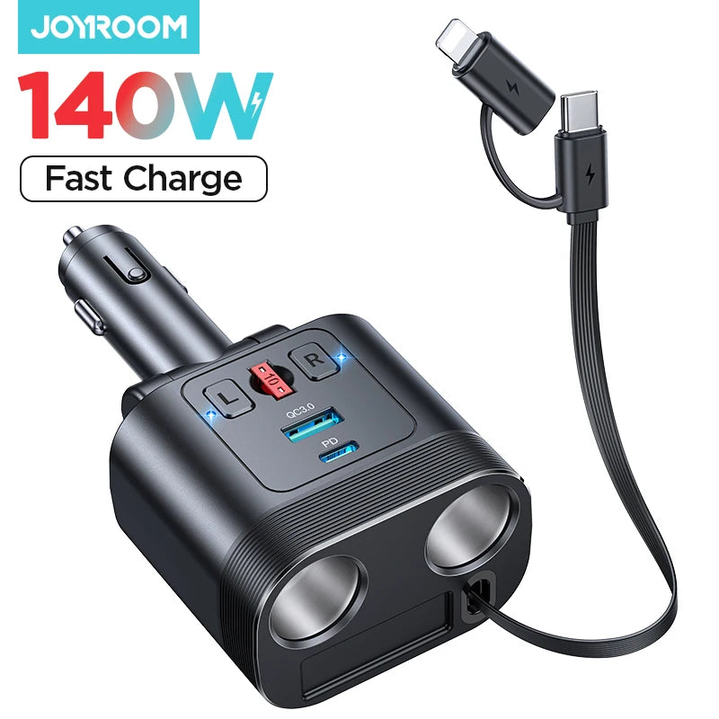 Joyroom 140W Retractable Car Charger 5 in 1 Fast Charging Car Charger Retractable Cable 2 USB Ports Car Charger Adapter JR-CCL03