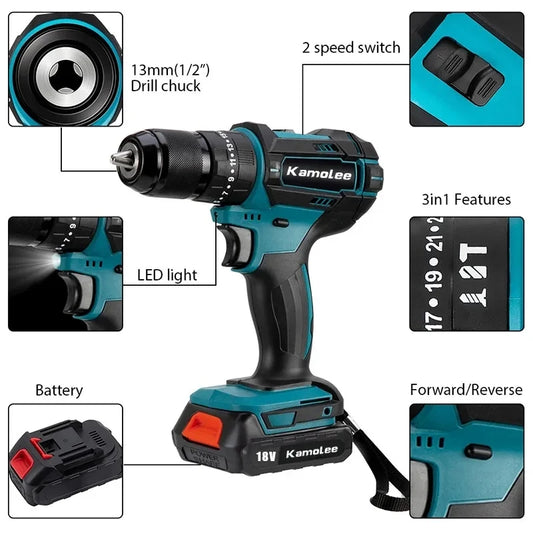 Kamolee Cordless Impact Drill for Makita 18V – 13mm/10mm Chuck