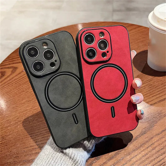 Luxury Wireless Charging Magnetic Cortex Leather Phone Case For iPhone 16 13 12 15 Pro Max 14 Plus 14Pro Shockproof Bumper