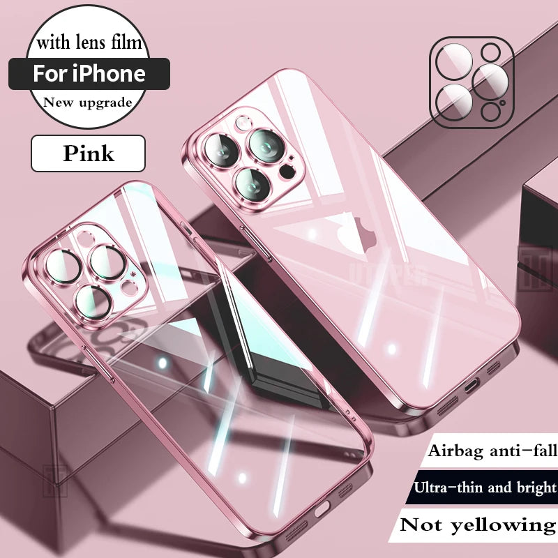 Luxury High Quality Upgrade Plating TPU Soft Case for iPhone 17 Air 16 15 14 13 12 11 Pro Max Plus Clear Lens Film Protect Cover