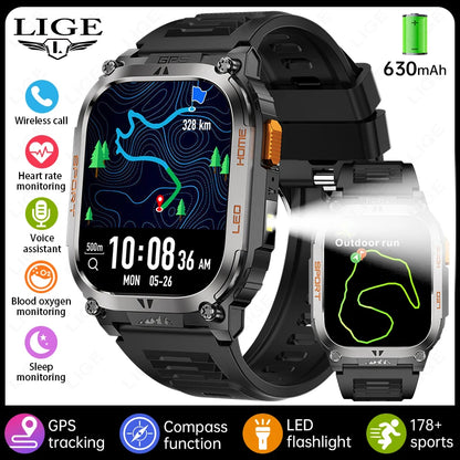 LIGE New GPS Tracking Smart Watch  LED Flashlight 1.96inch HD Screen Compass BT Call Waterproof Sport  For Android iOS