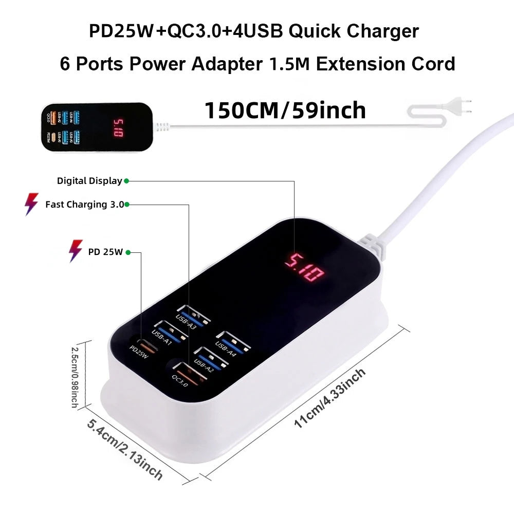 50W Multiple Port USB Fast  Charger PD25W Type C QC3.0 Desktop Wall Power Adapter Phone UK EU US Korea Plug Quick Charge