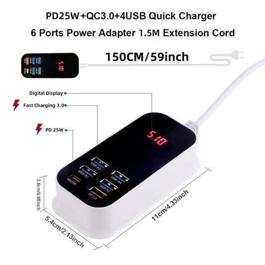 50W Multiple Port USB Fast  Charger PD25W Type C QC3.0 Desktop Wall Power Adapter Phone UK EU US Korea Plug Quick Charge