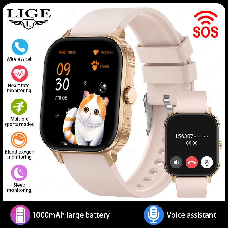 LIGE 2.04" HD Display 2025 New 1000mAh Large Battery Smart Watch Bluetooth Call Health Monitor IP68 Waterproof Sport