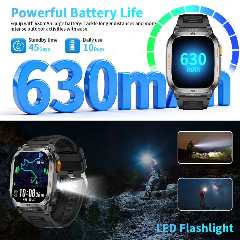 2025 New Men Smart Watch Built-in GPS Compass Outdoor 630mah Large Battery Sports Positioning Flashlight
