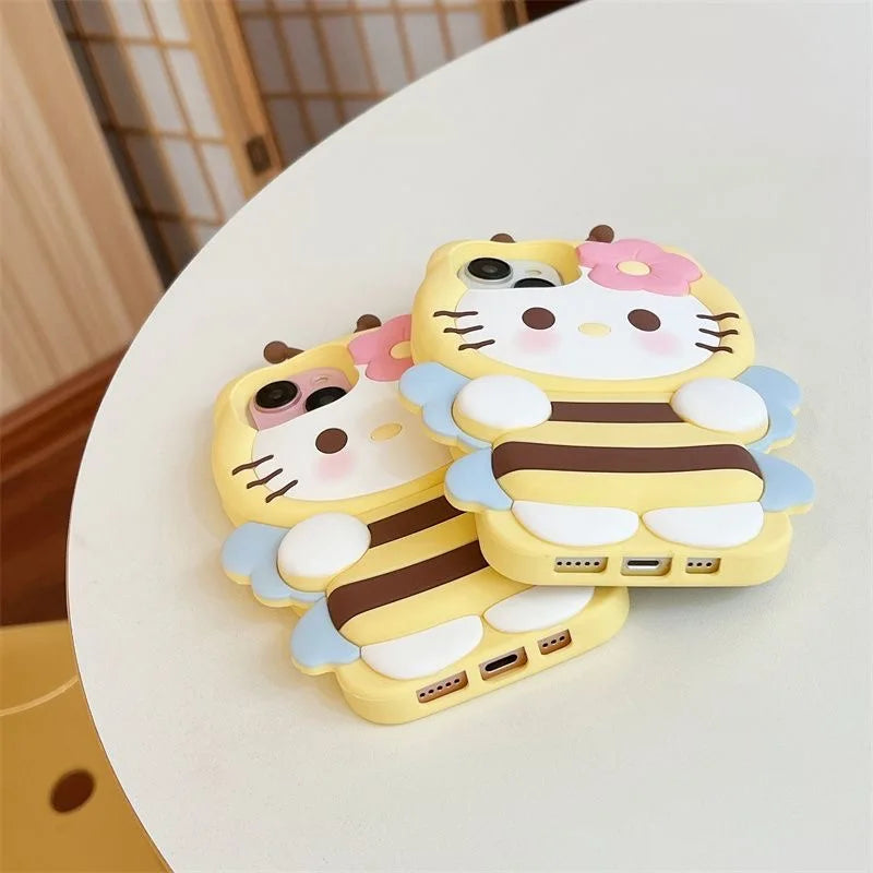 For iPhone 16 Pro Max 11 12 13 Mini 14 15 Plus X XS XR 7 8 SE 2020 Cute Bee Hello Kitty 3D Cartoon Silicone Phone Case Cover