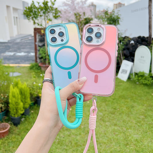 Fashion Laser Gradient Magnetic Lanyard Shockproof Case for iPhone 17 Air 16 15 14 13 11 12 Pro Max Plus E For Magsafe