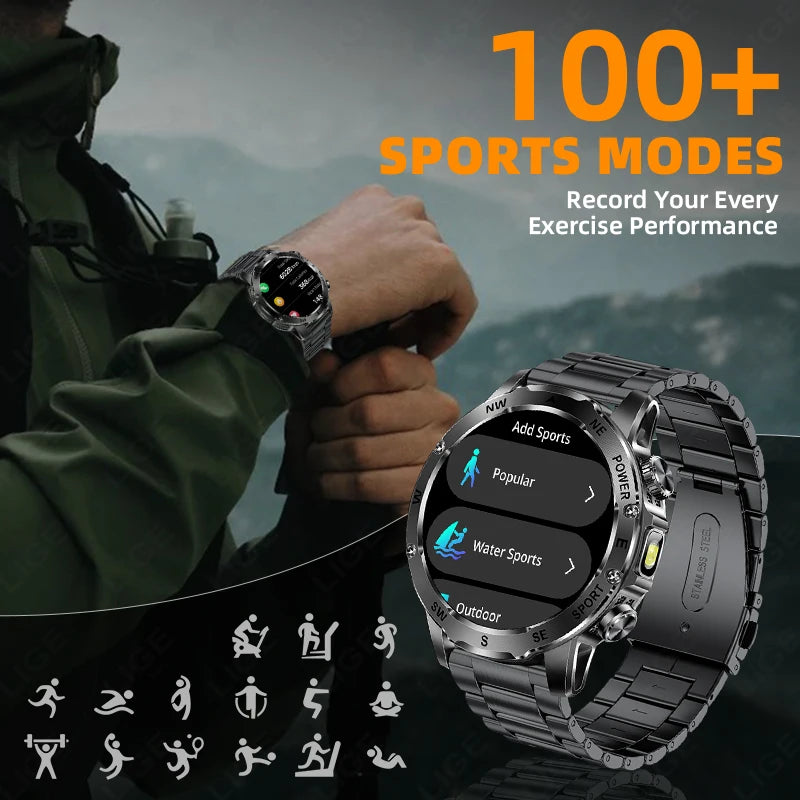LIGE Compass Smart Watch Men 800mAh Outdoor Flashlight Bluetooth Call Waterproof Sports Fitness Tracker Pedometer Man