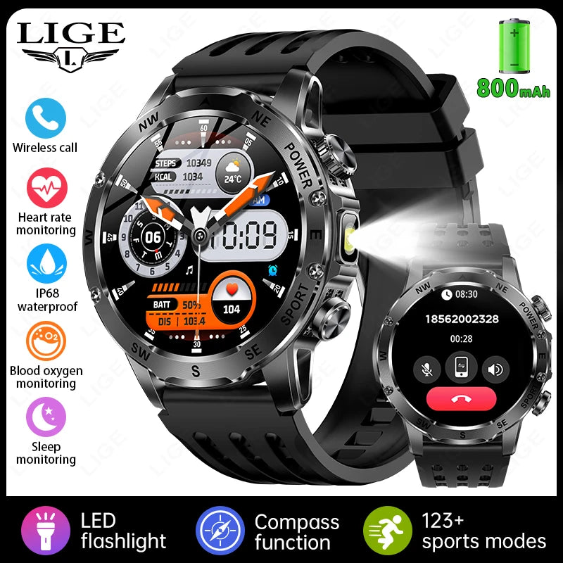 LIGE Compass Smart Watch Men 800mAh Outdoor Flashlight Bluetooth Call Waterproof Sports Fitness Tracker Pedometer Man