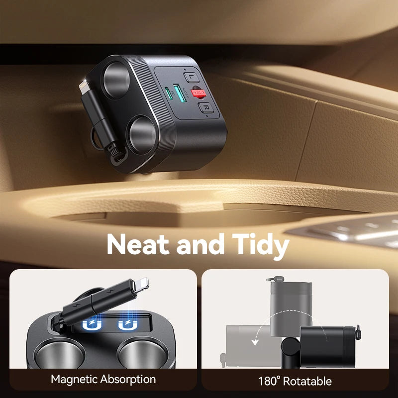 Joyroom 140W Retractable Car Charger 5 in 1 Fast Charging Car Charger Retractable Cable 2 USB Ports Car Charger Adapter JR-CCL03