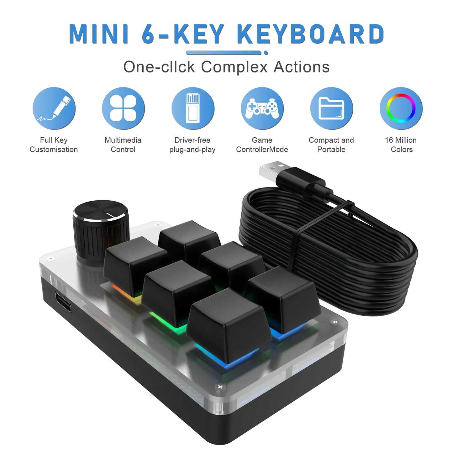 6-Key 1-Knob RGB Macro Pad – USB Mini Mechanical Keyboard for Photoshop & Gaming