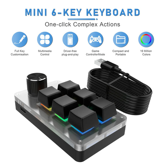 6-Key 1-Knob RGB Macro Pad – USB Mini Mechanical Keyboard for Photoshop & Gaming
