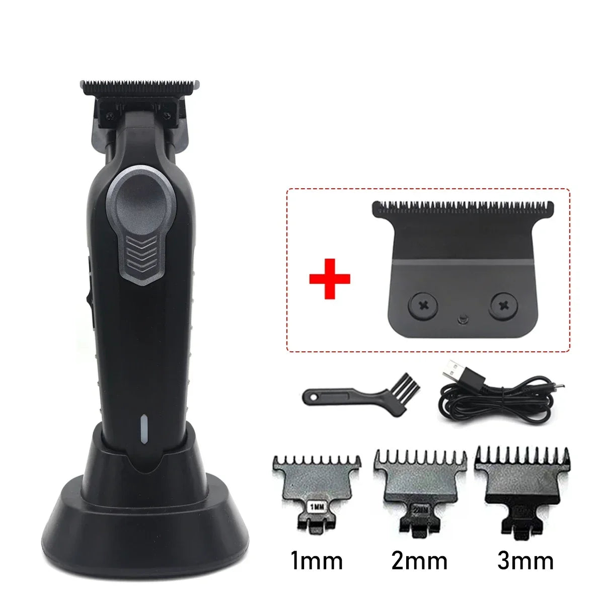 Professional T-Blade Hair Trimmer – USB Charging Base, DLC Blade, Beard & Hair Cutter