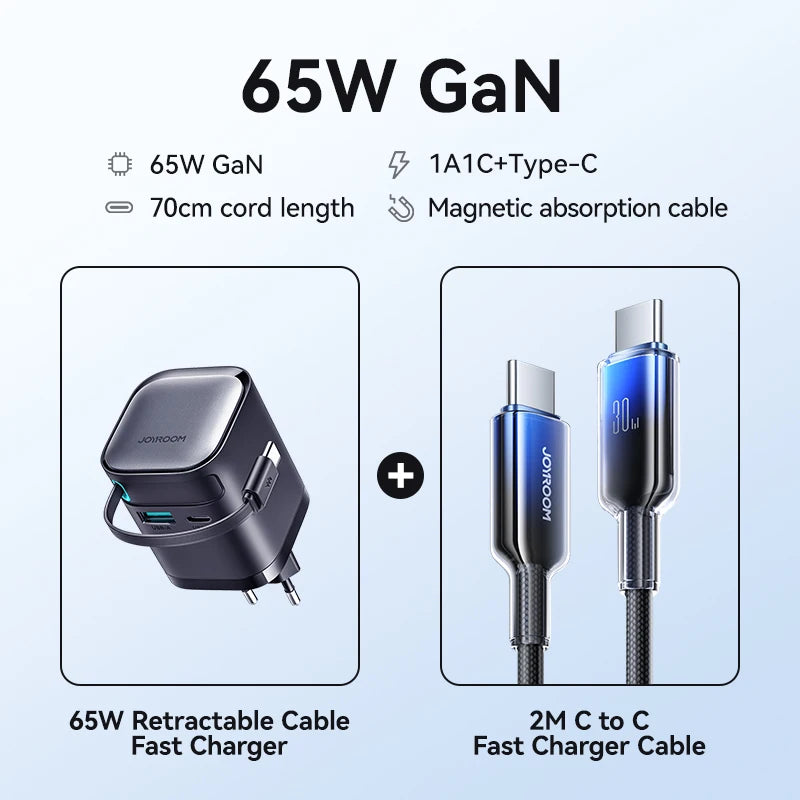 Joyroom 65W GaN USB Fast Charger With Retractable Type-c Cable for Phone Tablet Laptop Fast for iPhone Samsung Macbook