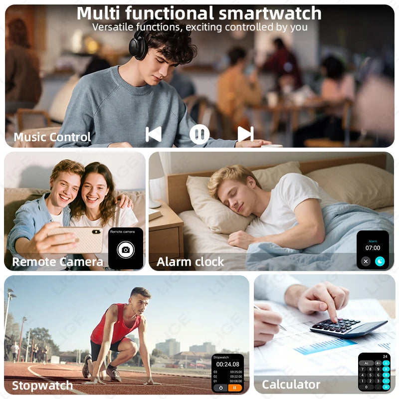 LIGE 2.04" HD Display 2025 New 1000mAh Large Battery Smart Watch Bluetooth Call Health Monitor IP68 Waterproof Sport