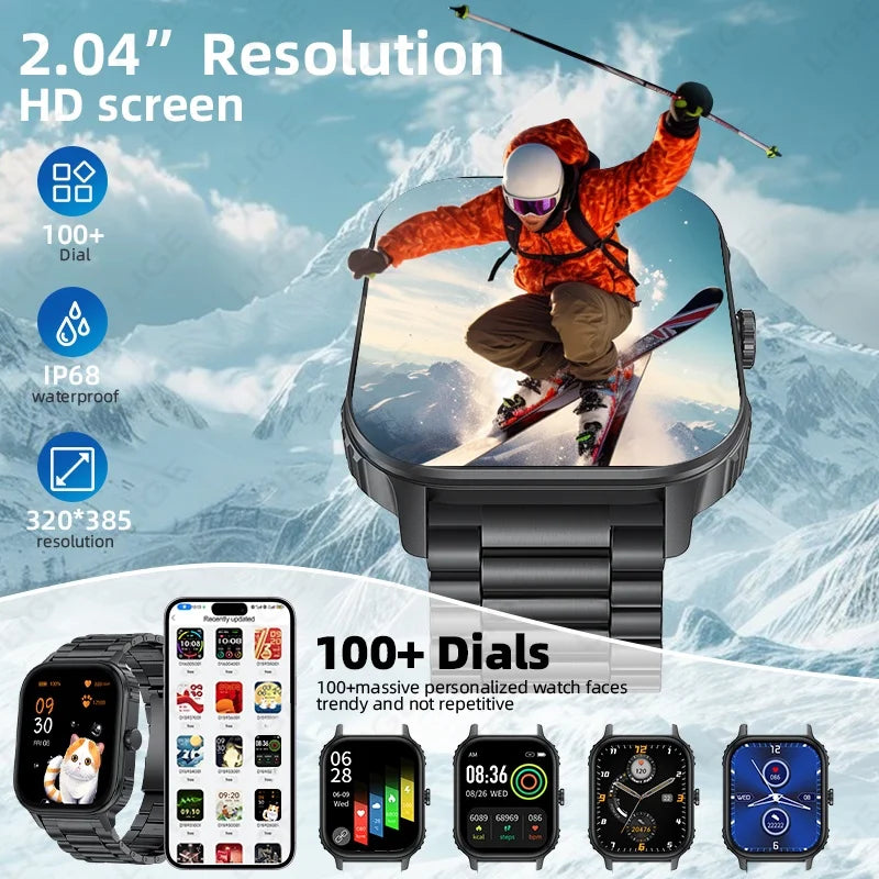 LIGE 2.04" HD Display 2025 New 1000mAh Large Battery Smart Watch Bluetooth Call Health Monitor IP68 Waterproof Sport