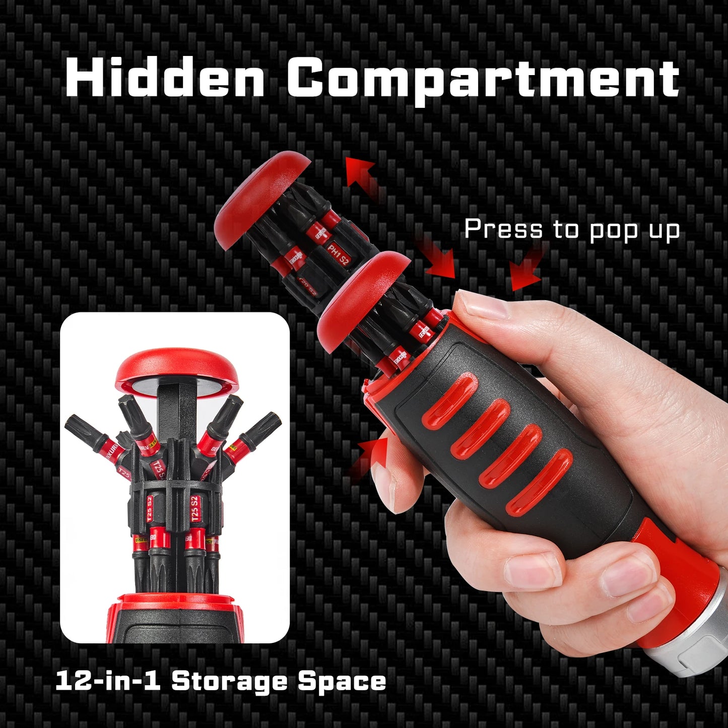 GEINXURN 1-Piece Ratcheting Screwdriver Handle, 12-in-1 Magnetic , Quick-Load,with Eva Foam Storage Tray