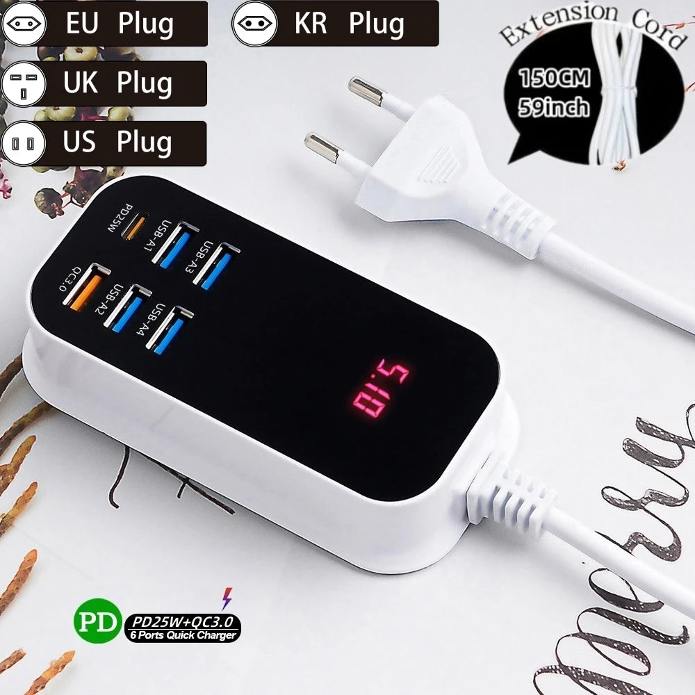 50W Multiple Port USB Fast  Charger PD25W Type C QC3.0 Desktop Wall Power Adapter Phone UK EU US Korea Plug Quick Charge