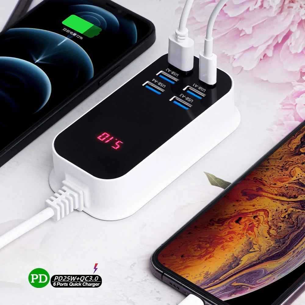 50W Multiple Port USB Fast  Charger PD25W Type C QC3.0 Desktop Wall Power Adapter Phone UK EU US Korea Plug Quick Charge