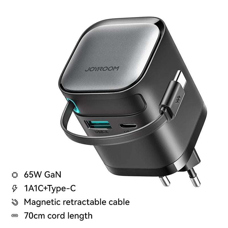 Joyroom 65W GaN USB Fast Charger With Retractable Type-c Cable for Phone Tablet Laptop Fast for iPhone Samsung Macbook