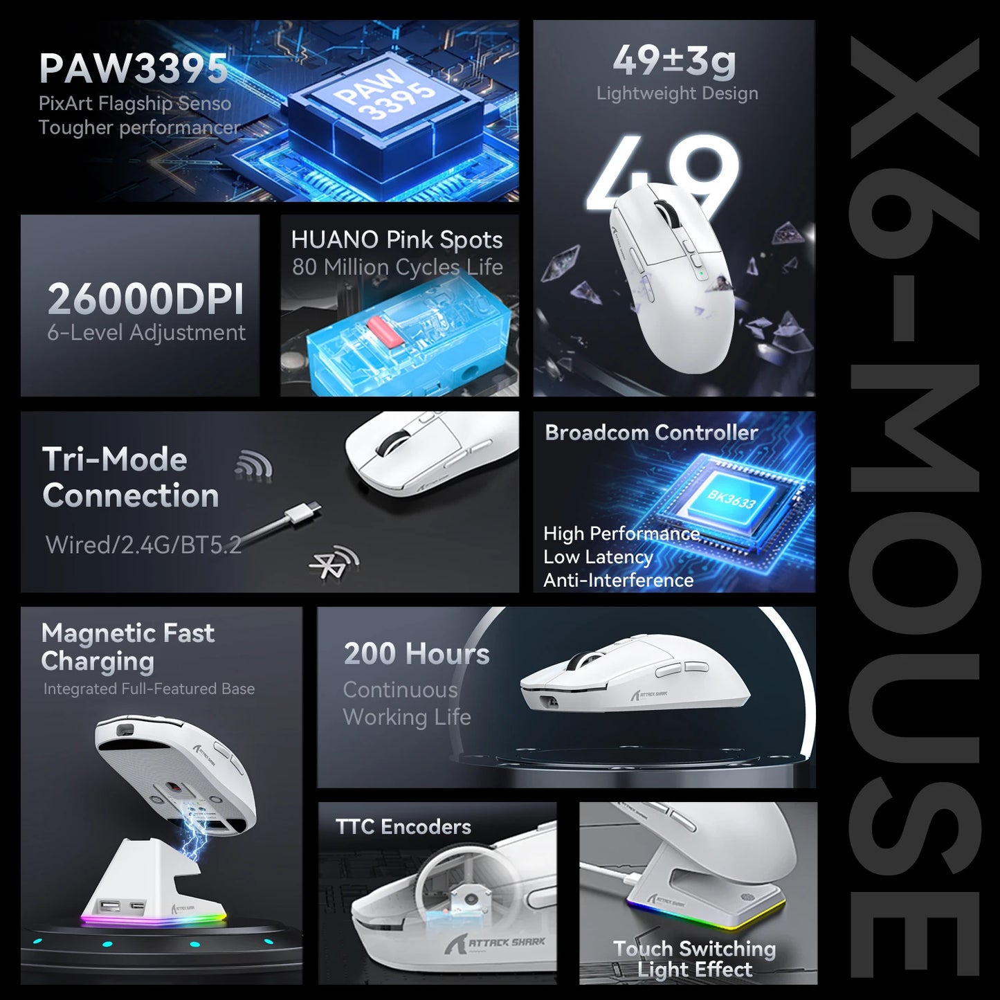 Attack Shark X11/X6/X2/X2Pro Gaming Mouse Magnetic RGB PAW3395 Bluetooth Three-Mode Connection Wireless Mouse, DPI Adjustable