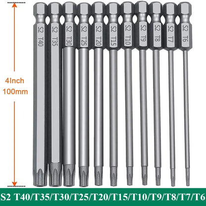 Hex Shank Torx Security Head Screwdriver Drill Set 4 Inch Length S2 Steel Torx Bit Set 11/12pcs Torx Head 1/4 Inch