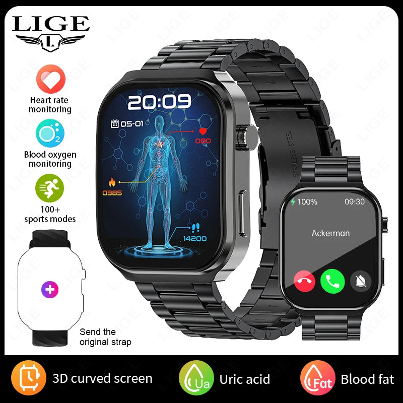 LIGE 2025 New AI Healthy Diagnose Smart Watch Blood Lipid Uric Acid Bluetooth Call Blood Pressure Health Smartwatch Men Women