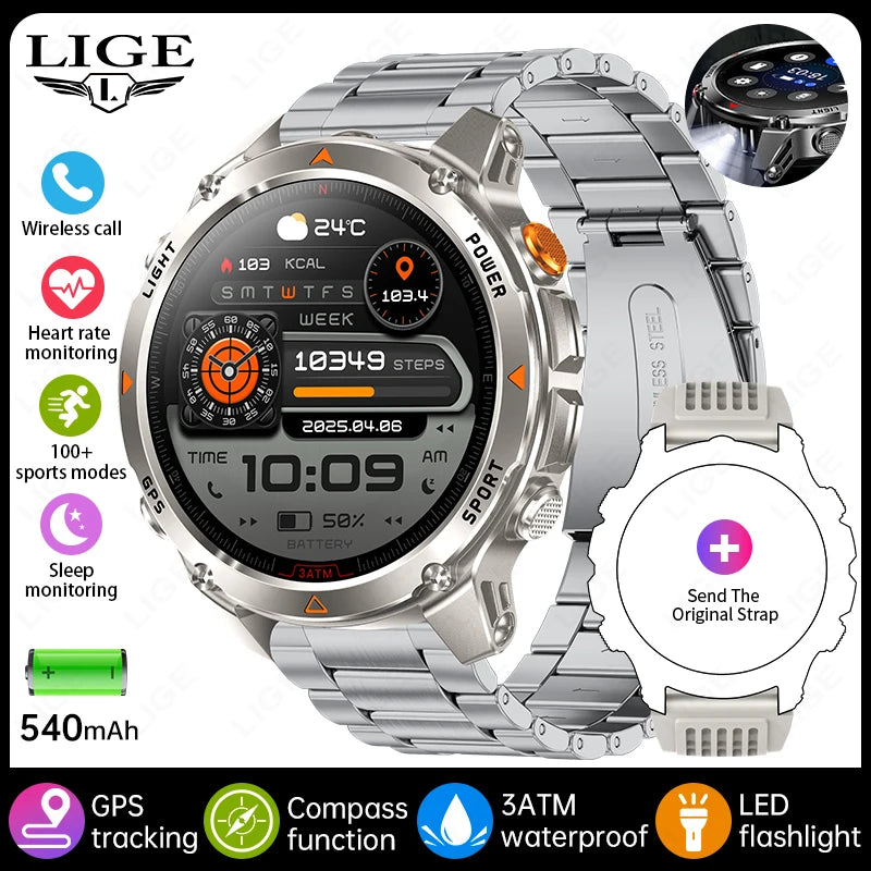 LIGE 2025 New Professional GPS Track Sports Smartwatch Outdoor RIDE Run Compass Altimeter 3ATM Fitness Bracelets 540mAh