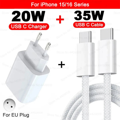 US EU Adapter 20W PD Fast Charger For iPhone 13 12 11 14 15 16 Pro Max Plus Fast USB C Type C Cable Accessories