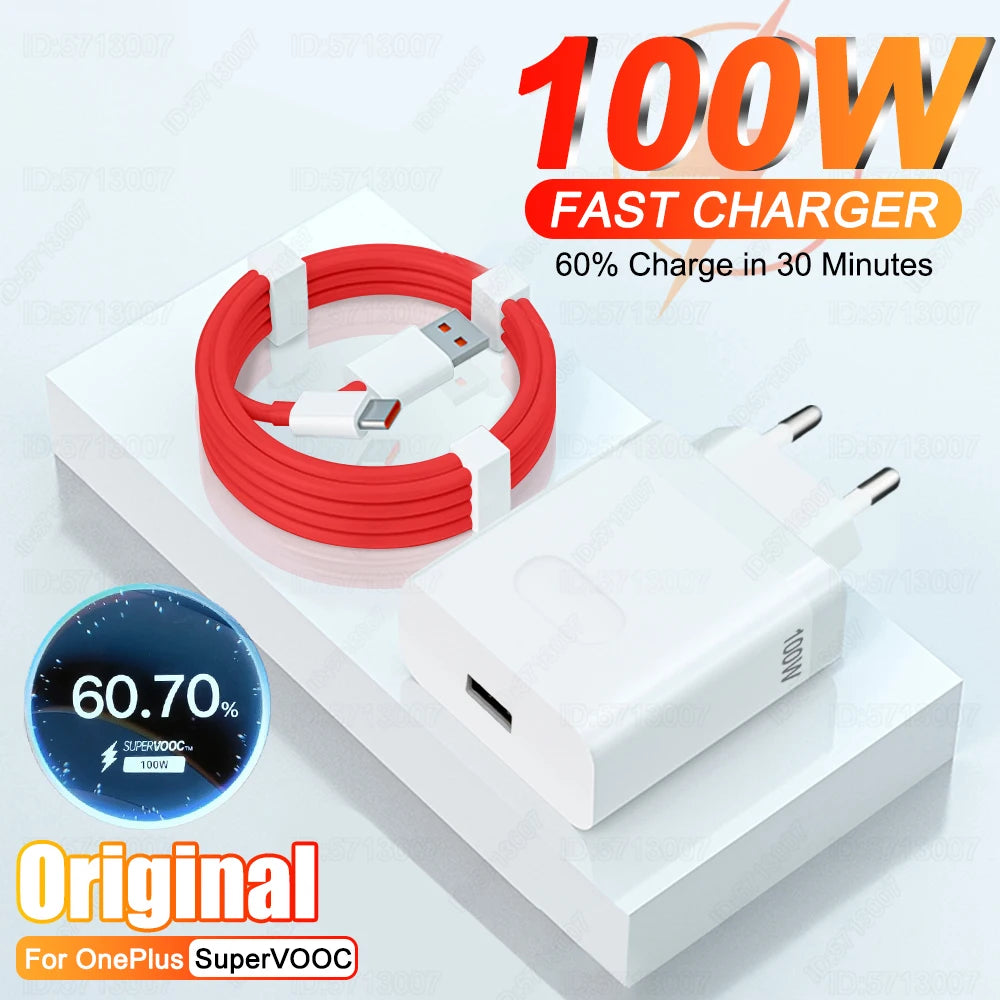 100W SuperVOOC USB Fast Charger USB Type-C for Oneplus 13, 12, 11, 10 Pro, 13r, 12r Nord CE 2, 3, 4 Lite, Ace 5 Pro