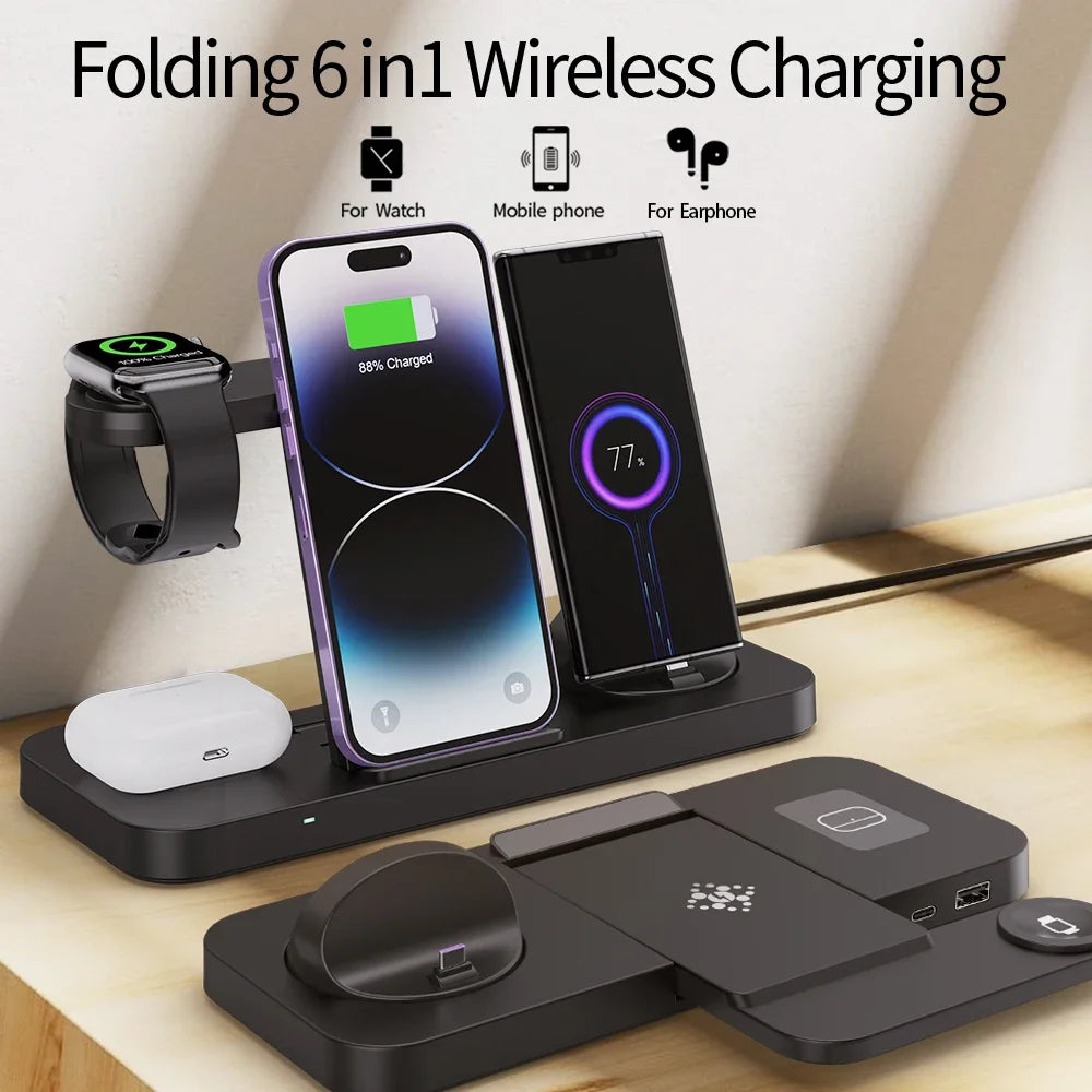 Foldable 6 In 1 Wireless Charger Stand For iPhone 15 14 13 12 11 X Apple Watch 8 7 6 5 4 3 2 Airpods Fast Charging Dock Station