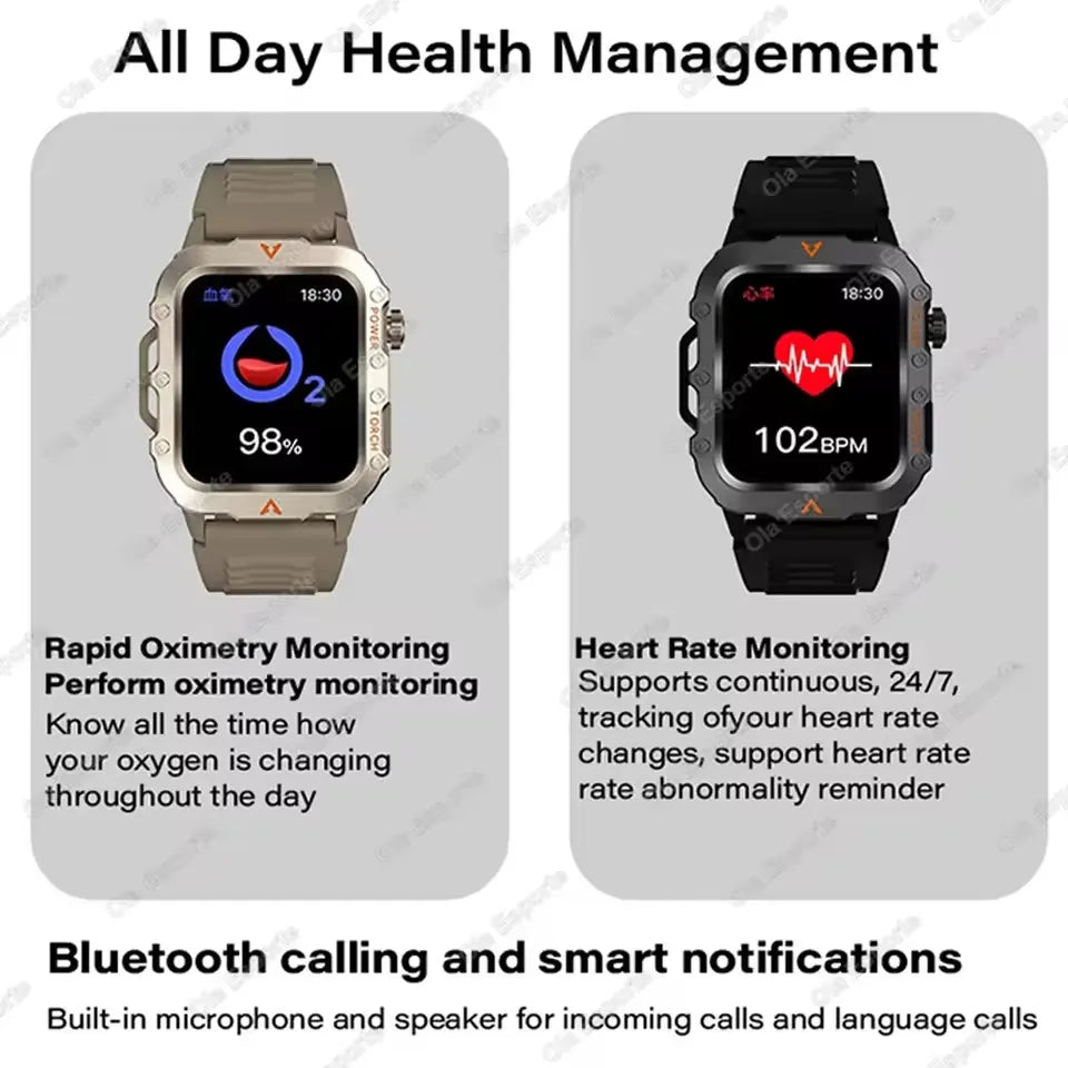 New for Outdoor Smartwatch Military  Men with Led Lighting Bluetooth Call Fitness Heart Rate