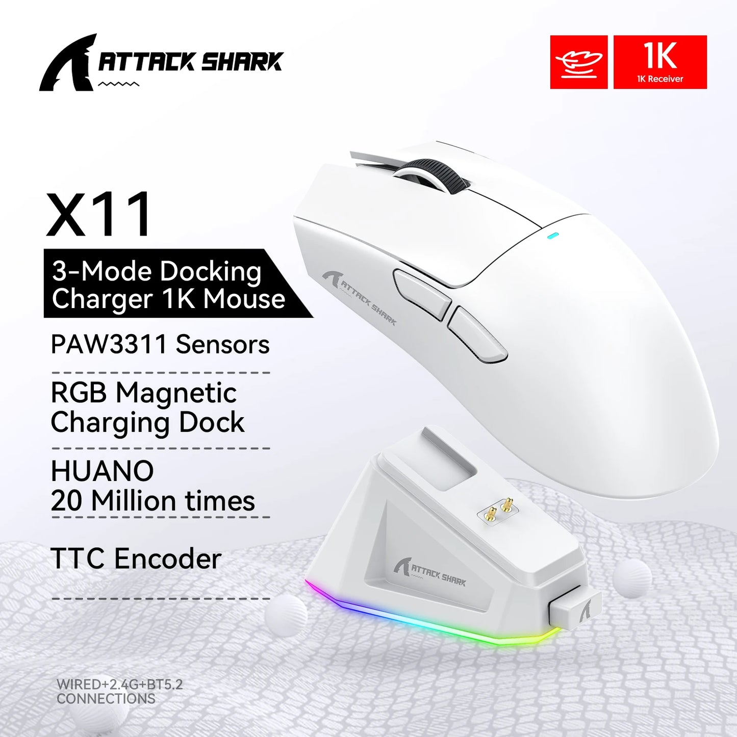 Attack Shark X11/X6/X2/X2Pro Gaming Mouse Magnetic RGB PAW3395 Bluetooth Three-Mode Connection Wireless Mouse, DPI Adjustable