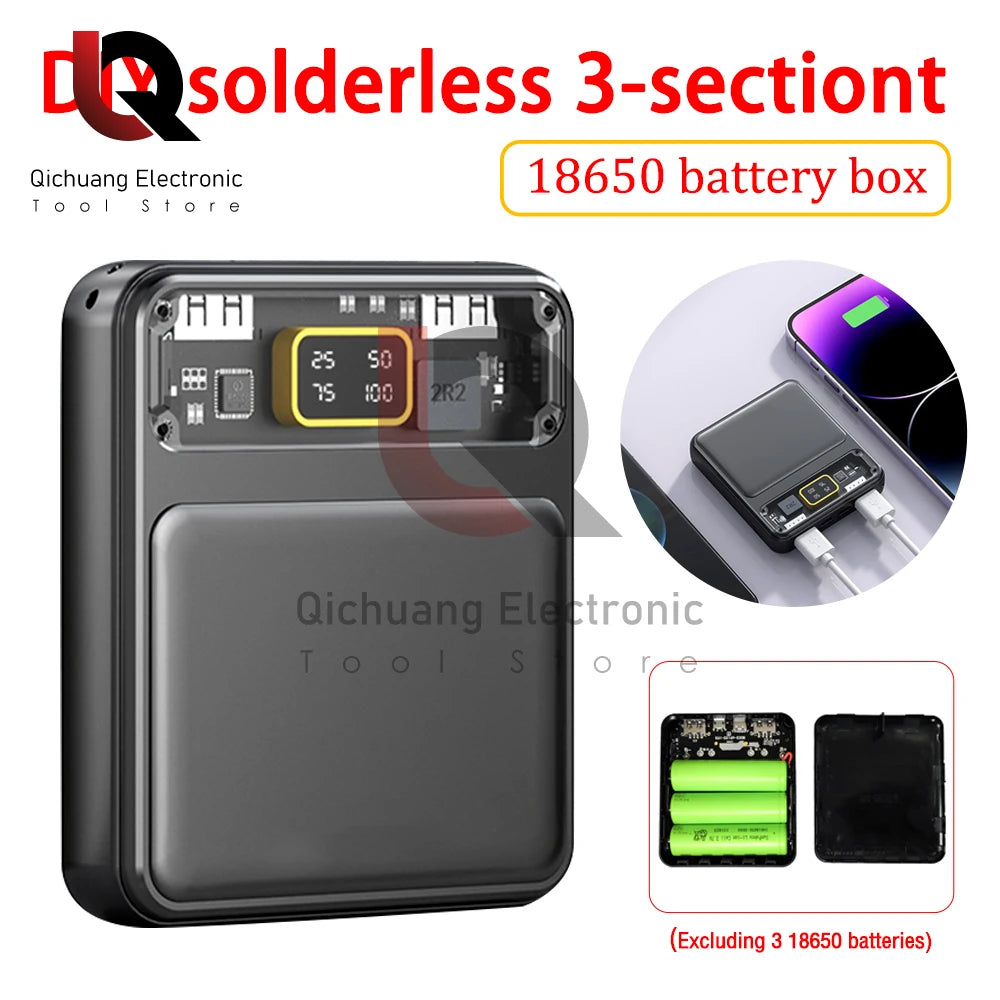 1Pcs Mini 3 18650 Batteries Power Bank Dual USB Battery Pack Digital Display Transparent Screen  For Xiaomi Lphone