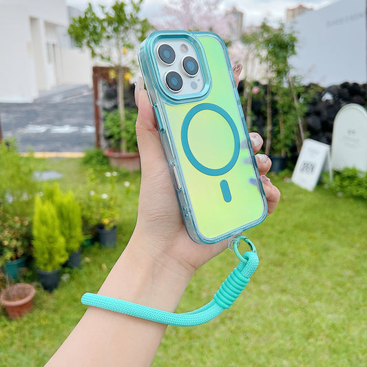 Fashion Laser Gradient Magnetic Lanyard Shockproof Case for iPhone 17 Air 16 15 14 13 11 12 Pro Max Plus E For Magsafe