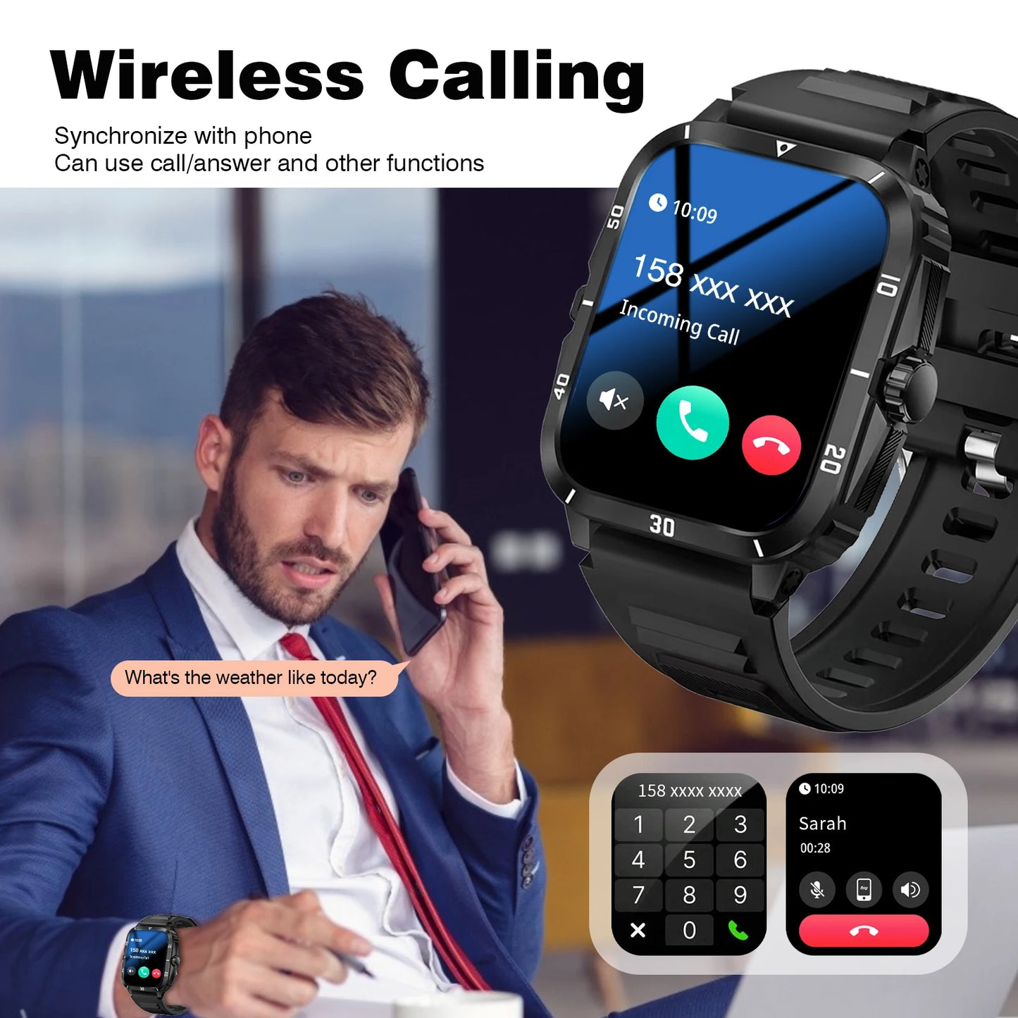 2.01 Inch Full Touch Screen Smart Watch, Wireless Calls, Message Reminders, Weather Forecast, Suitable for iPhone/Android Phones