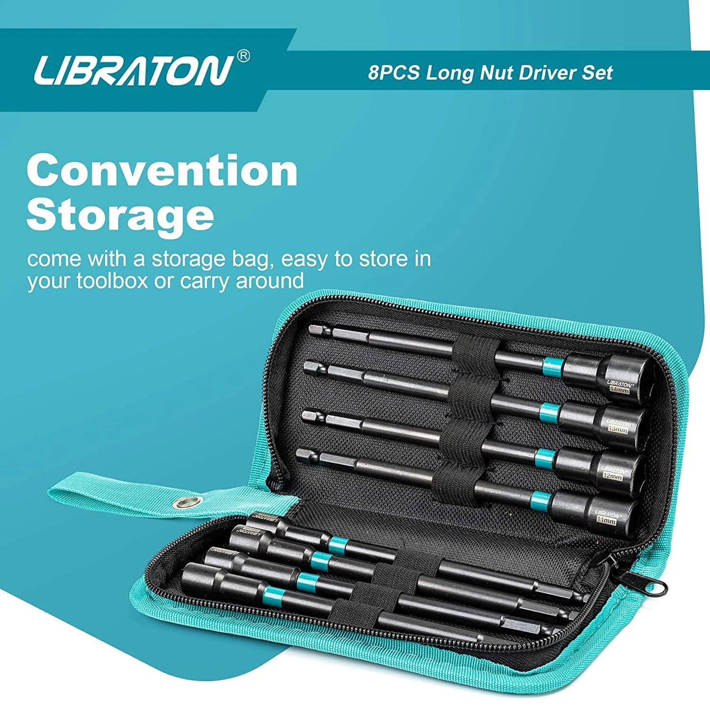 8PCS Magnetic Nut Driver Set,  6", Metric / SAE Nut Drivers, Shank Driver Bits, 1/4"Hex Shank, Long Bits