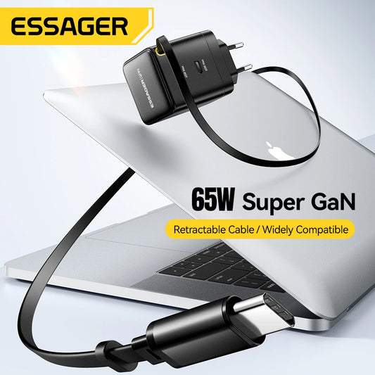 Essager 65W GaN Fast Charger with Retractable Cable PDfor Laptop Macbook iPhone 16 15 14 Xiaomi Type-C