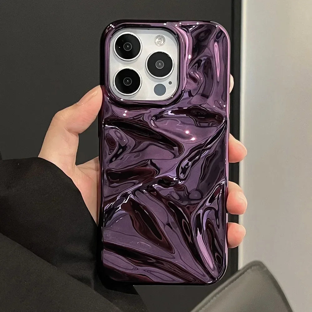 Luxury Electroplate Silvery 3D Wrinkle Phone Case For iphone 17 Air 16 15 14 Plus 13 11 12 Pro Max Water Ripple Shockproof Cover