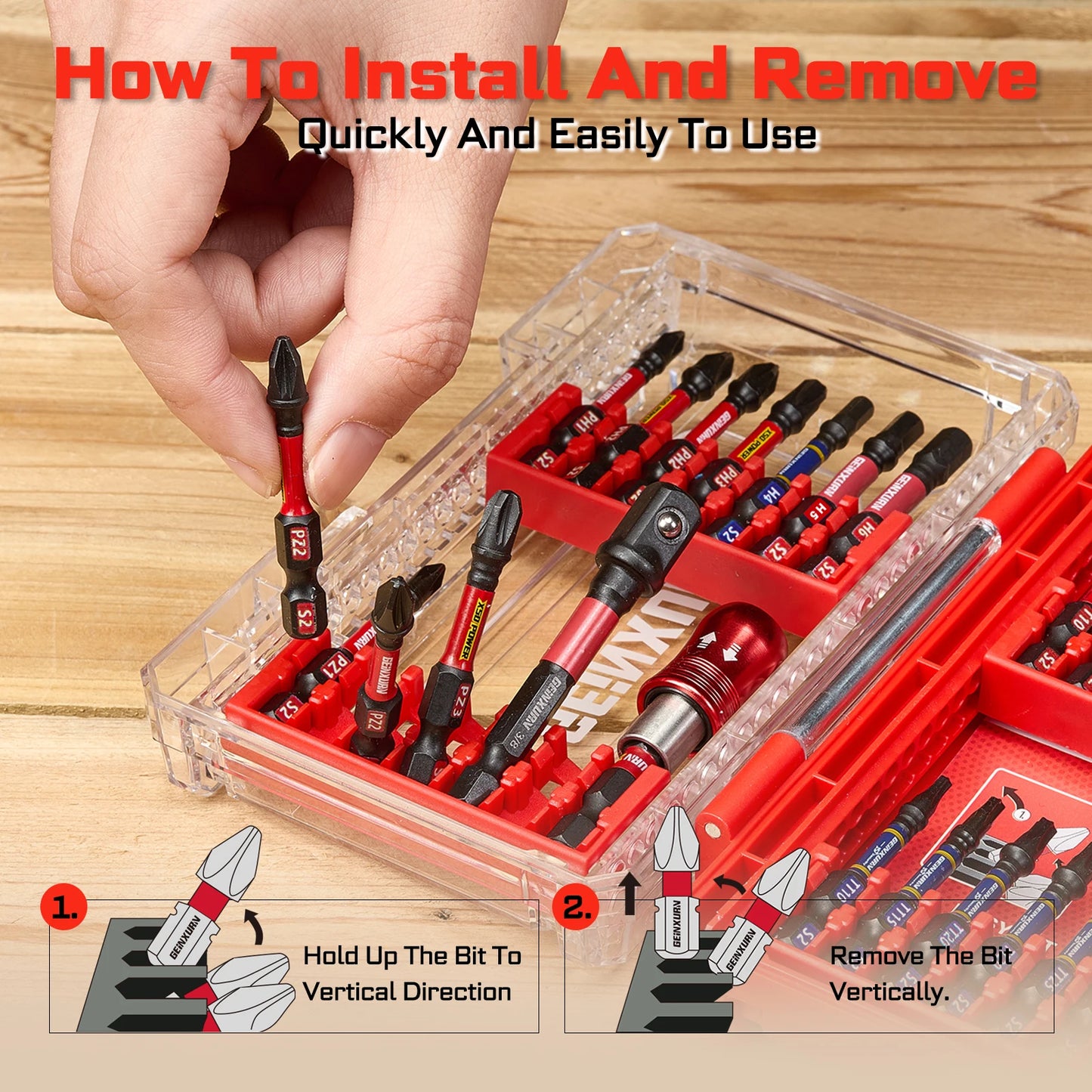 Geinxurn Impact Screwdriver Bit Set with Tough Case(Red), 27PCS S2 Steel Bit Set,2" Long  bits with 2.36