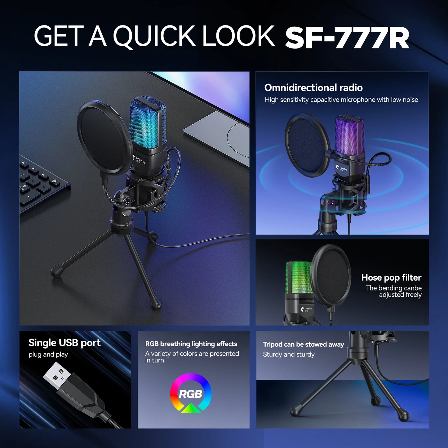 RGB Gaming Condenser Microphone – Desktop USB Mic for PC, Streaming & Recording