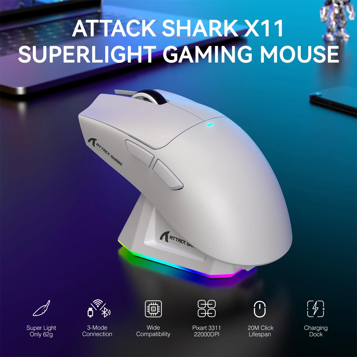 Attack Shark X11 Tri-mode Gaming Mouse – Magnetic Charging, 22K DPI, BT/2.4Ghz/Wired