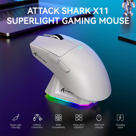 Attack Shark X11 Tri-mode Gaming Mouse – Magnetic Charging, 22K DPI, BT/2.4Ghz/Wired