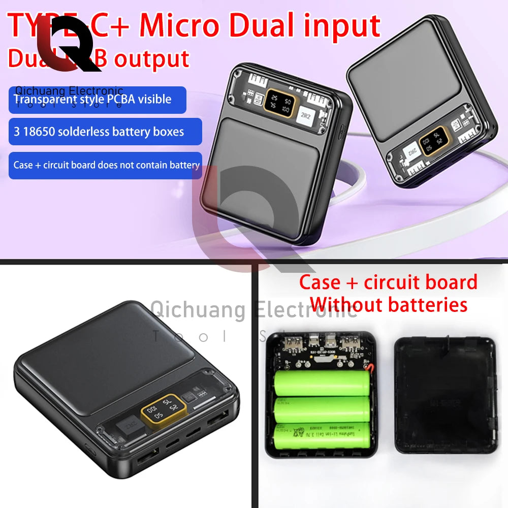 1Pcs Mini 3 18650 Batteries Power Bank Dual USB Battery Pack Digital Display Transparent Screen  For Xiaomi Lphone