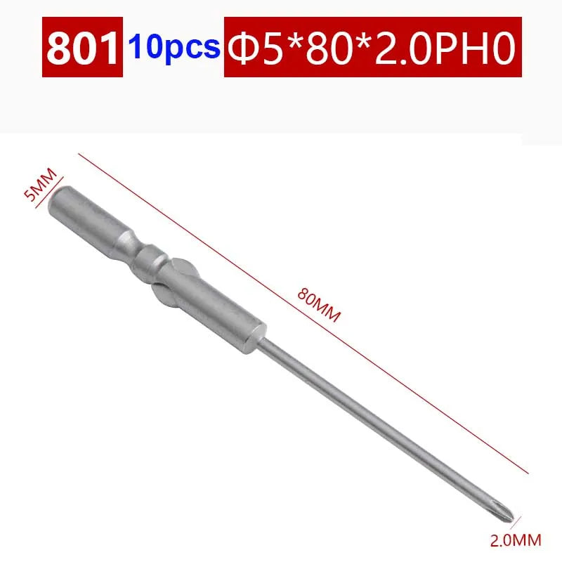 10pcs/lot 801 5mm Round Shank Magnetic Phillips Cross Screwdriver Bits Electric  bits PH0 PH1 PH2 80mm Full Length