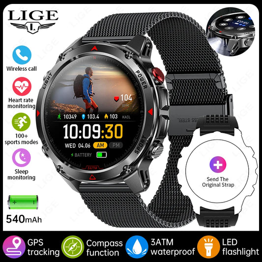 LIGE 2025 New Professional GPS Track Sports Smartwatch Outdoor RIDE Run Compass Altimeter 3ATM Fitness Bracelets 540mAh