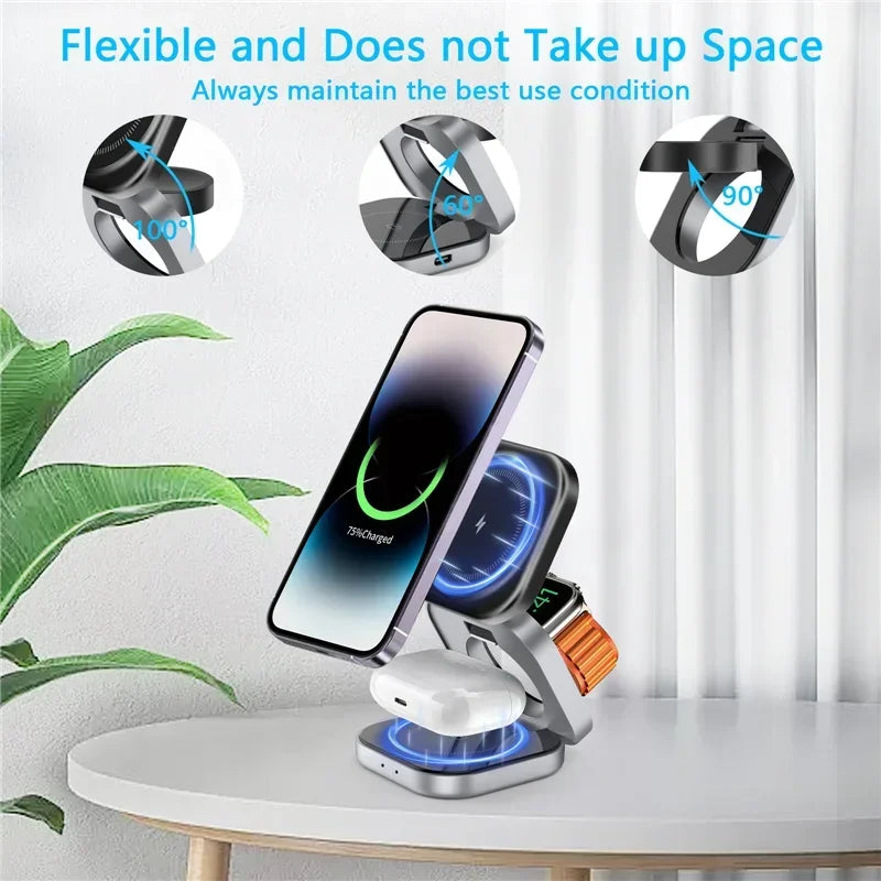 3 In 1 Foldable Magnetic Wireless Charger Stand For iPhone 16 15 14 Samsung IWatch AirPods 3/2 Station Dock Fast Charging Holder