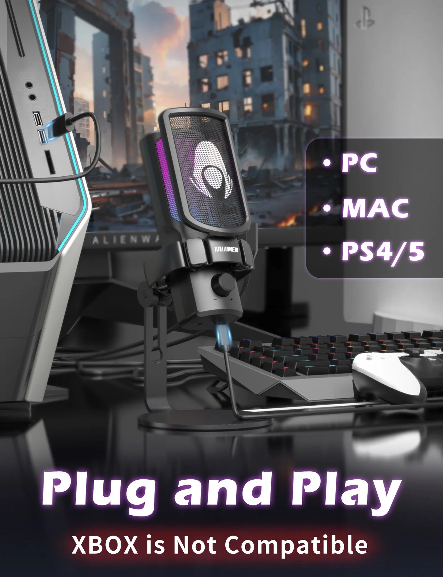 Gaming USB Condenser Microphone – RGB PC Mic with Mute, Gain Knob, Metal Stand & Pop Filter