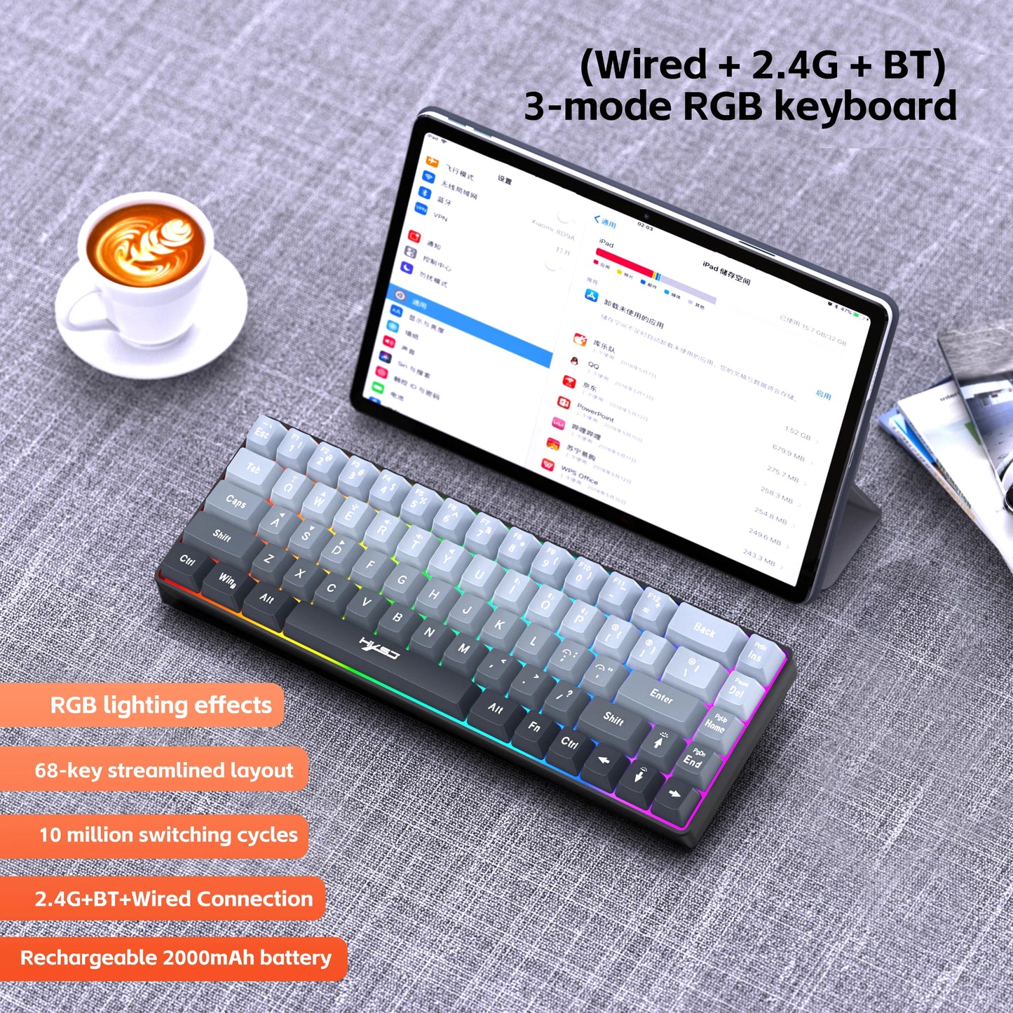 HXSJ-V200 Wireless Gaming Keyboard – 68-Key, 3-Mode (Wired/2.4G/BT), RGB Backlit, 60% Layout