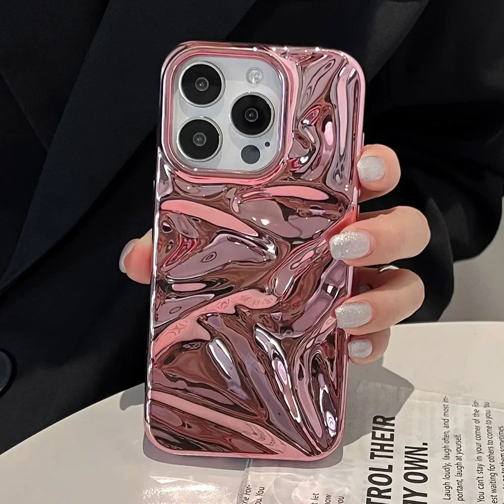 Luxury Electroplate Silvery 3D Wrinkle Phone Case For iphone 17 Air 16 15 14 Plus 13 11 12 Pro Max Water Ripple Shockproof Cover